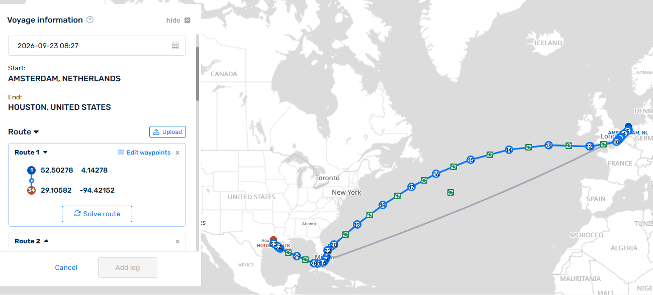 Voyage Planner: voyage information panel with departure time, Amsterdam to Houston, and Route 1 solved across the North Atlantic on the map