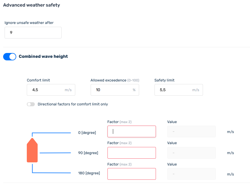 Voyage Planner: advanced weather safety settings with comfort limit, allowed exceedance, safety limit and directional factors