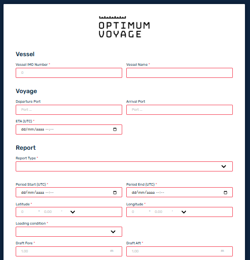 Optimum Voyage noon report form: vessel, voyage and report fields with input validation